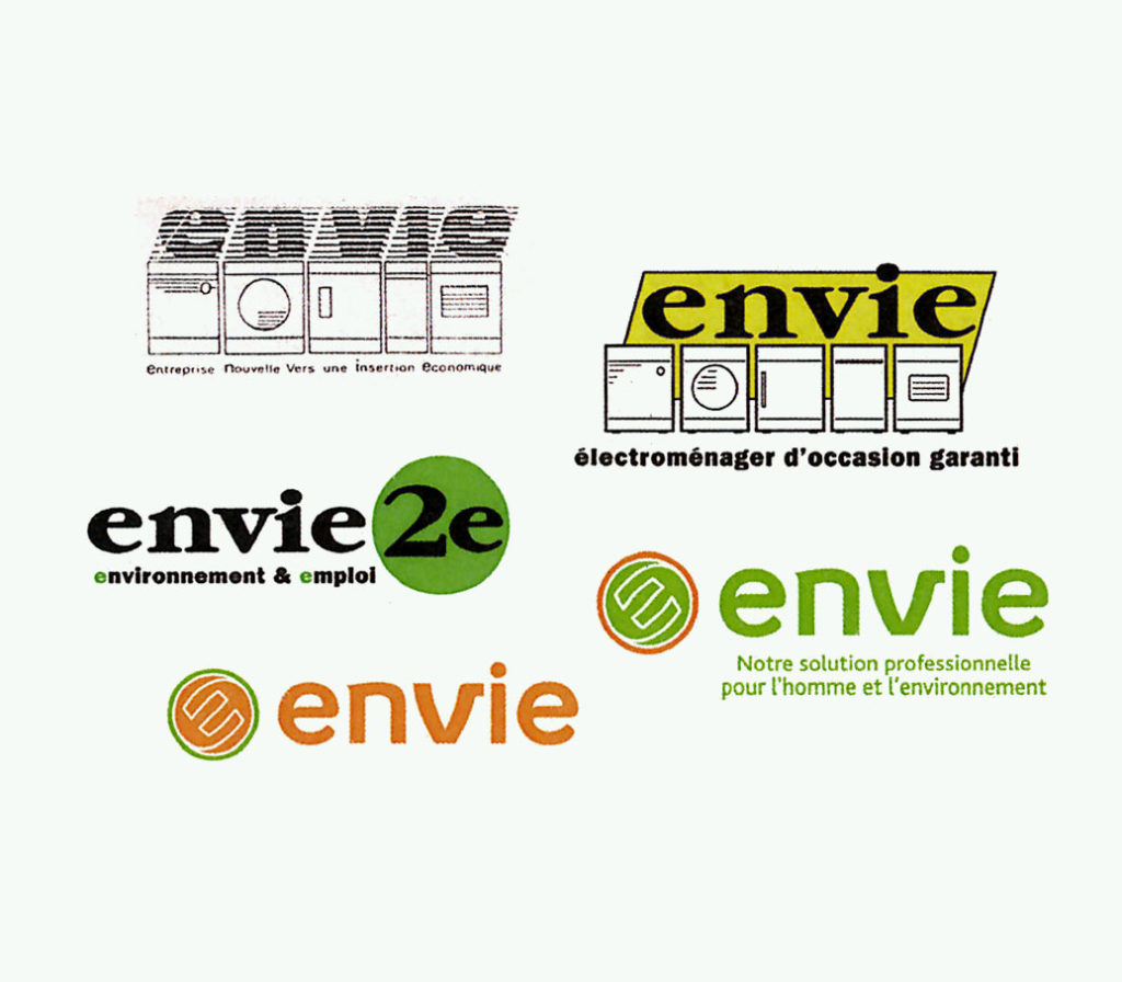 Les différents logos de Envie, spécialiste de l'électroménager d'occasion, depuis sa création en 1984